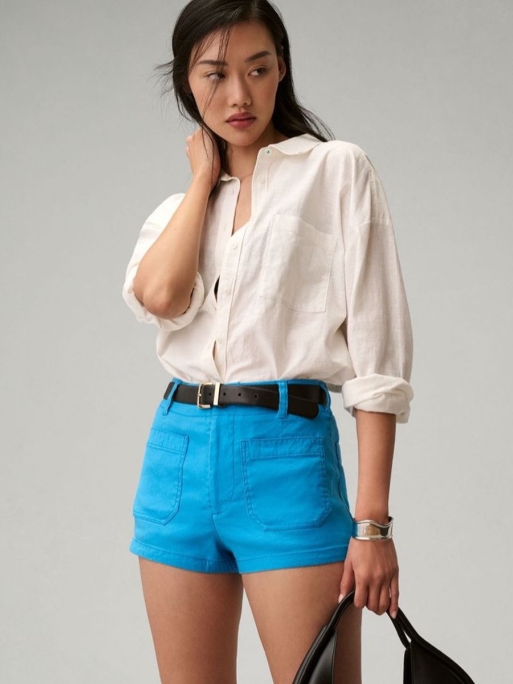 Maeve High-Waist Colette Linen Cotton Shorts in Bright Blue